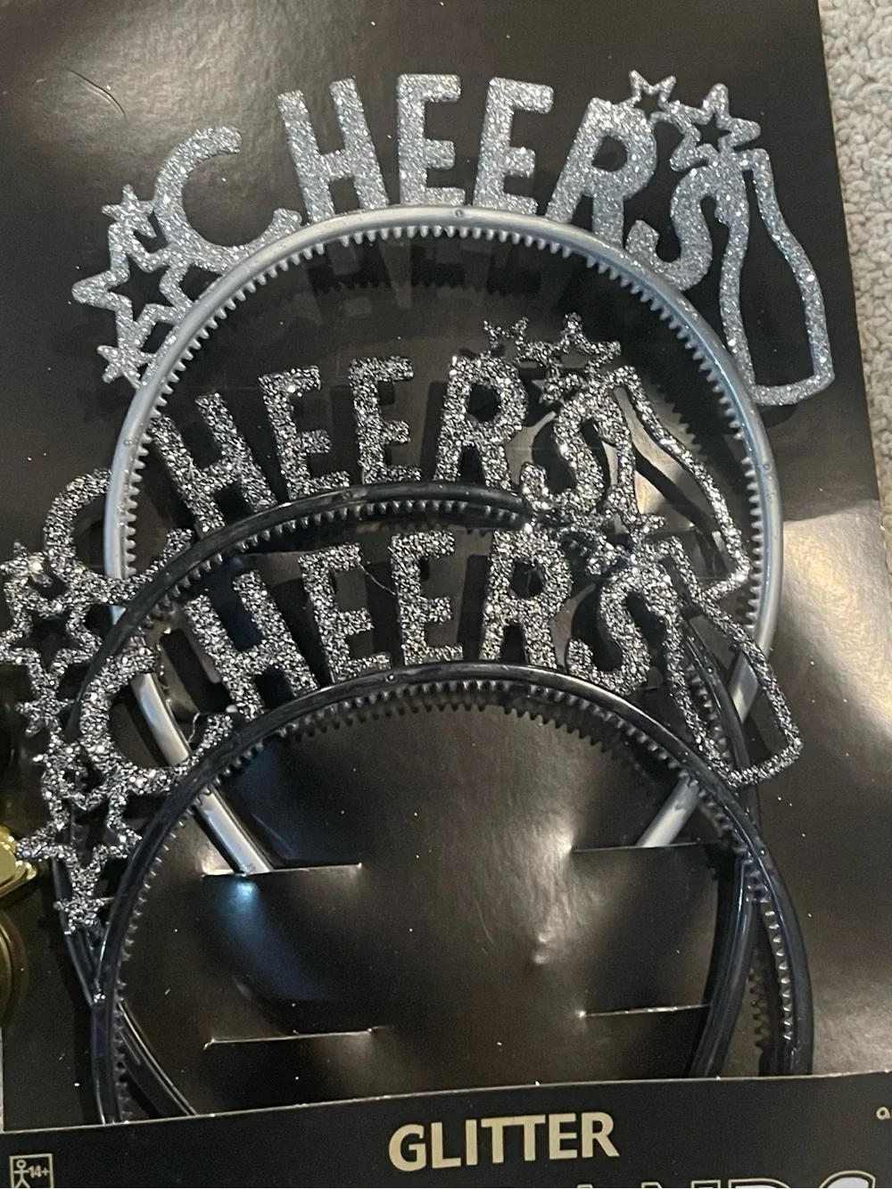 Glitter 'Cheers' Headbands 3 with necklaces silver, black & gold New Years Party